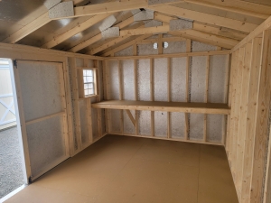 Storage shed interior with shelf